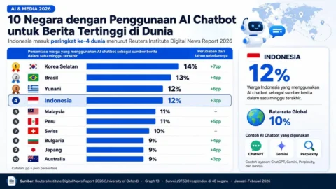 Infografis peringkat 10 negara dengan penggunaan AI chatbot untuk berita tertinggi pada 2026. Korea Selatan berada di posisi pertama dengan 14 persen, diikuti Brasil 13 persen, Yunani 12 persen, dan Indonesia 12 persen di peringkat keempat.