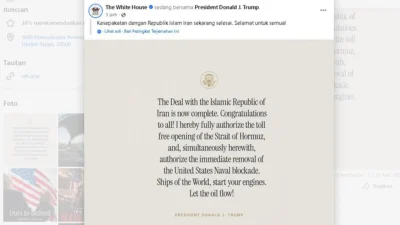 Tangkapan layar unggahan resmi Presiden AS Donald Trump di Truth Social yang mengumumkan tercapainya kesepakatan damai dengan Iran, Minggu (14/6/2026). (Sumber: Truth Social/The White House)