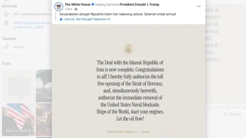 Tangkapan layar unggahan resmi Presiden AS Donald Trump di Truth Social yang mengumumkan tercapainya kesepakatan damai dengan Iran, Minggu (14/6/2026). (Sumber: Truth Social/The White House)