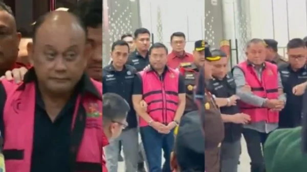 Kolase foto mantan Kepala Badan Gizi Nasional (BGN) Dadan Hindayana bersama dua mantan wakilnya Sony Sanjaya dan Lodewyk Pusung mengenakan rompi tahanan usai ditetapkan sebagai tersangka kasus dugaan korupsi tata kelola Program Makan Bergizi Gratis (MBG) tahun 2025-2026. [Suara.com]