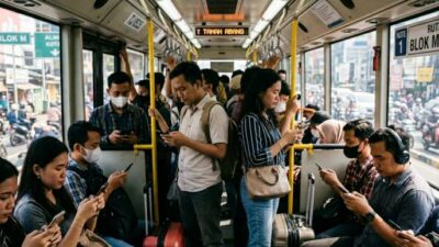 Foto yang diabadikan pada 6 Juni 2026 ini menunjukkan suasana di dalam sebuah kendaraan transportasi umum di Jakarta. (Xinhua/Istimewa)