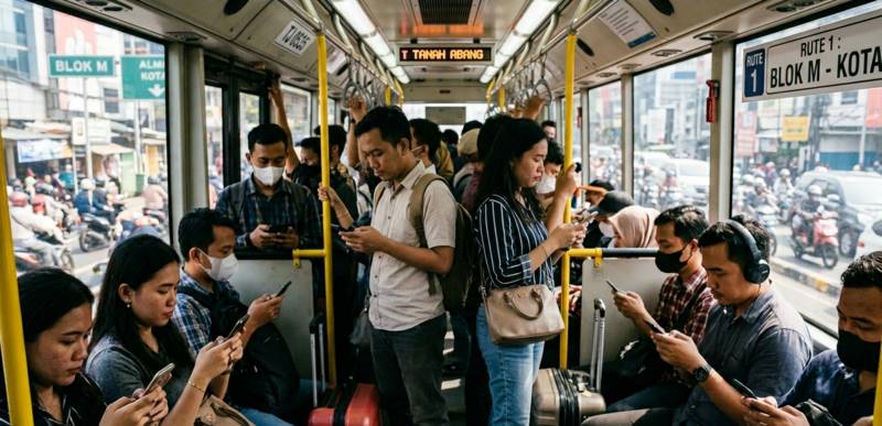 Masyarakat RI Jawara Screen Time, Ini Manfaat Detoks Digital yang Macet 1 Foto yang diabadikan pada 6 Juni 2026 ini menunjukkan suasana di dalam sebuah kendaraan transportasi umum di Jakarta. (Xinhua/Istimewa)