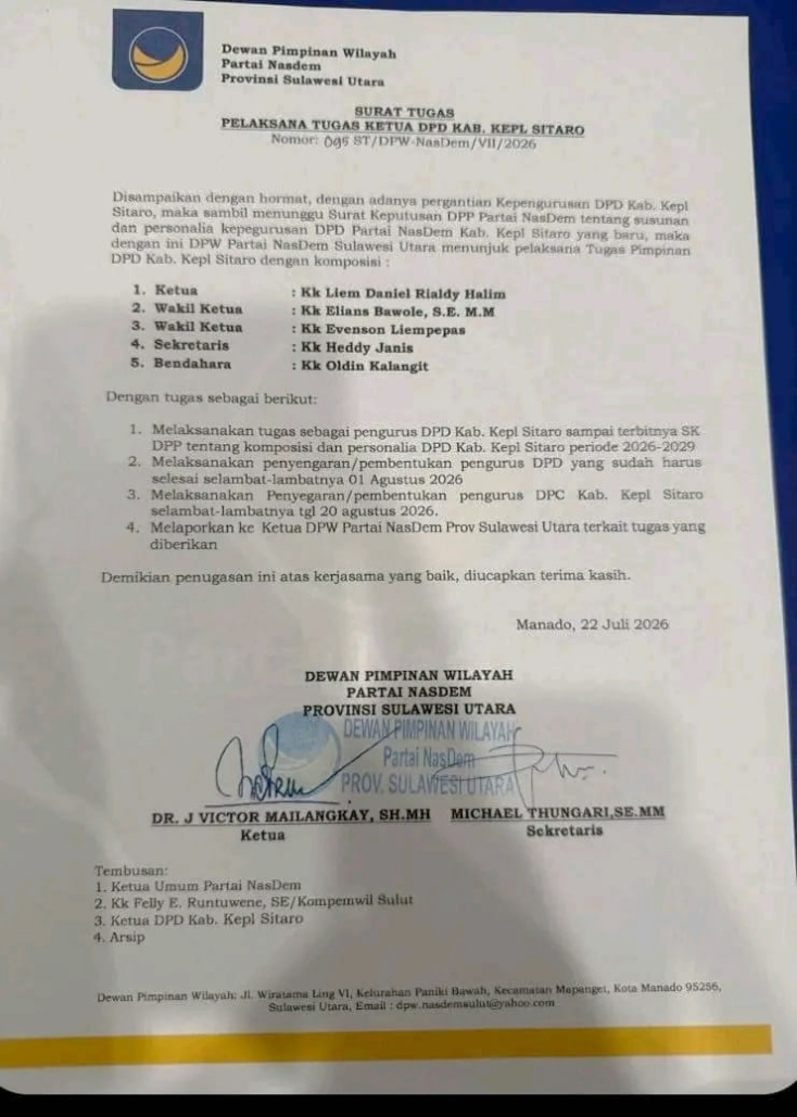 DPW NasDem Sulut Tunjuk Liem Halim sebagai Plt Ketua DPD NasDem Sitaro