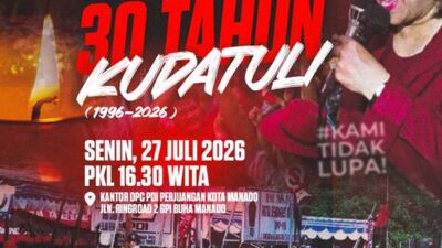 Poster peringatan 30 Tahun Kudatuli yang diselenggarakan DPC PDI Perjuangan Kota Manado dipimpin dr. Richard Sualang.