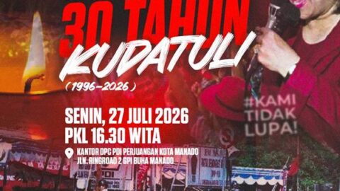 Poster peringatan 30 Tahun Kudatuli yang diselenggarakan DPC PDI Perjuangan Kota Manado dipimpin dr. Richard Sualang.