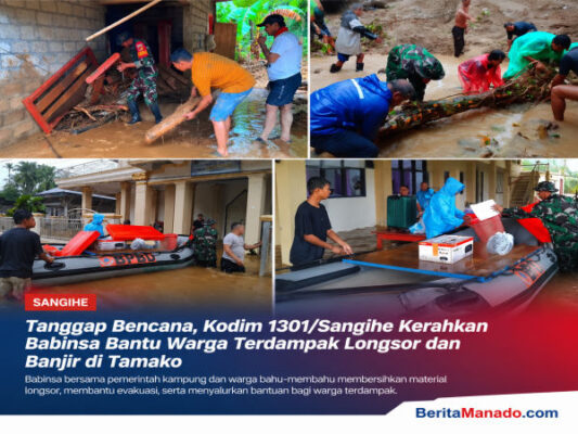 Gerak Cepat Kodim 1301/Sangihe, Babinsa Bantu Warga Terdampak Banjir dan Longsor di Tamako