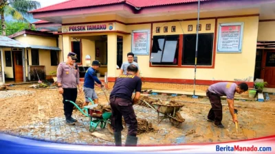 Polsek Tamako Bersama Warga Kerja Bakti Bersihkan Lumpur Pascabanjir Bandang