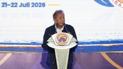 Saan Mustopa, Wakil Ketua DPR RI dan Wakil Ketua Umum Partai NasDem, memberikan sambutan pada Kongres II Garda Pemuda NasDem di Hotel Mercure Ancol, Jakarta.