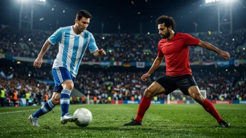 Ilustrasi duel pemain Argentina dan Mesir di laga 16 besar Piala Dunia 2026, Selasa 7 Juli 2026