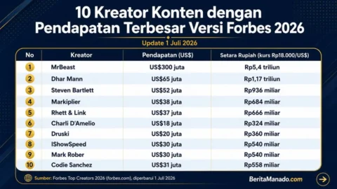 Infografis daftar 10 kreator konten dengan pendapatan terbesar versi Forbes 2026, update 1 Juli 2026, dipimpin MrBeast dengan pendapatan US$300 juta