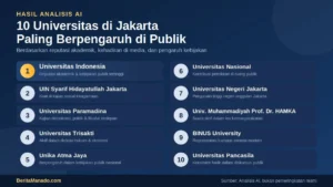 Infografis ranking 10 universitas di Jakarta paling berpengaruh di publik menurut AI, dari Universitas Indonesia hingga Universitas Pancasila.