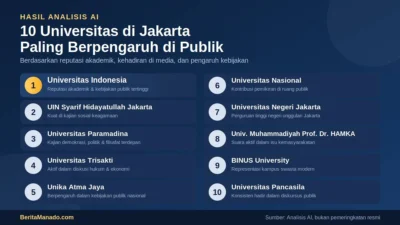 Infografis ranking 10 universitas di Jakarta paling berpengaruh di publik menurut AI, dari Universitas Indonesia hingga Universitas Pancasila.