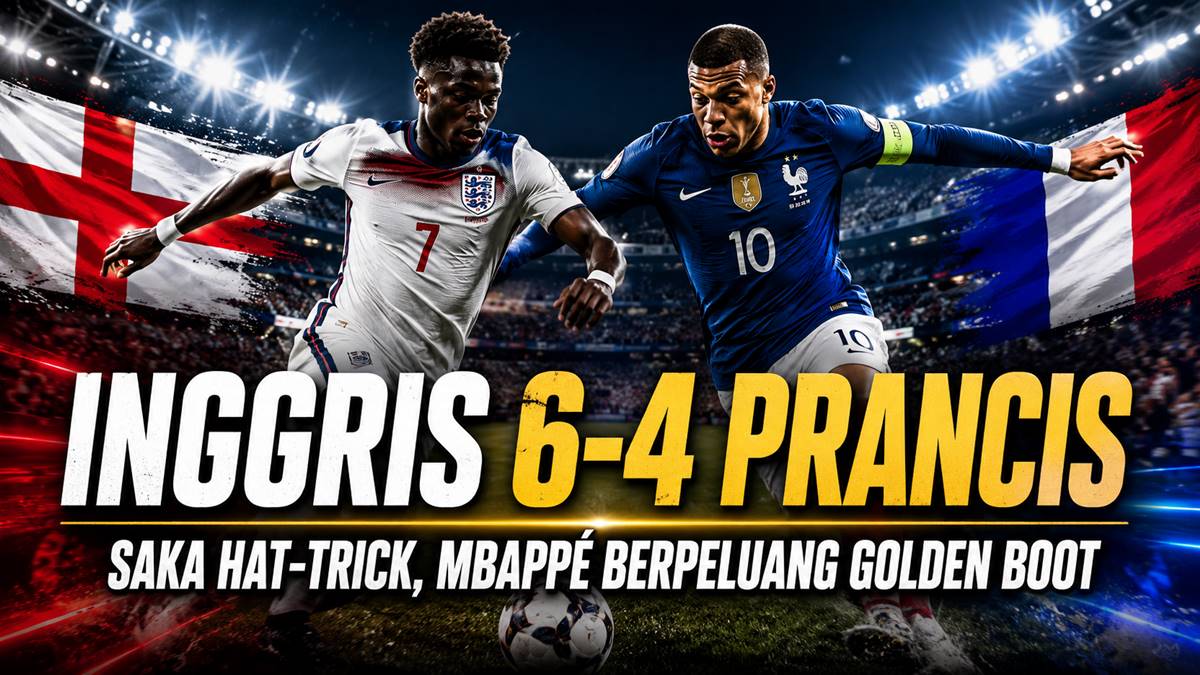 Ilustrasi AI pertandingan sepak bola Inggris melawan Prancis di stadion malam hari, bertuliskan skor Inggris 6-4 Prancis dan Golden Boot Mbappé vs Messi, Piala Dunia 2026