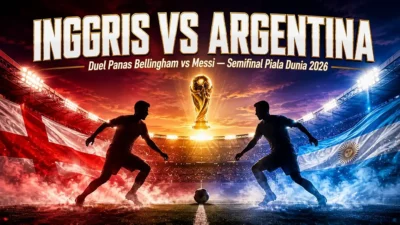 Ilustrasi pemain timnas Inggris dan Argentina dengan latar trofi Piala Dunia menjelang pertandingan semifinal Piala Dunia 2026 di Atlanta Stadium, Amerika Serikat.