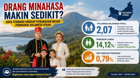 Infografis tentang perubahan demografi Sulawesi Utara menampilkan keluarga mengenakan pakaian adat Minahasa, dengan data SUPAS 2025 mengenai Total Fertility Rate (TFR) 2,07, penduduk lansia 14,12 persen, dan laju pertumbuhan penduduk 0,79 persen, berlatar panorama Gunung Lokon dan Teluk Manado.