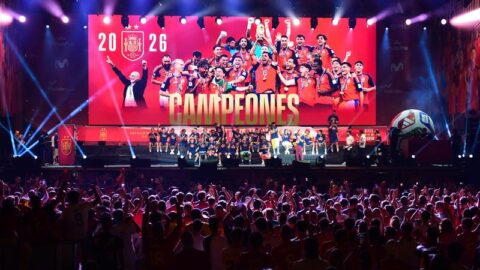 Para pemain Tim Nasional Spanyol mengikuti perayaan juara Piala Dunia FIFA 2026 di Madrid, Spanyol, pada 20 Juli 2026 setelah menaklukkan Argentina di partai final.