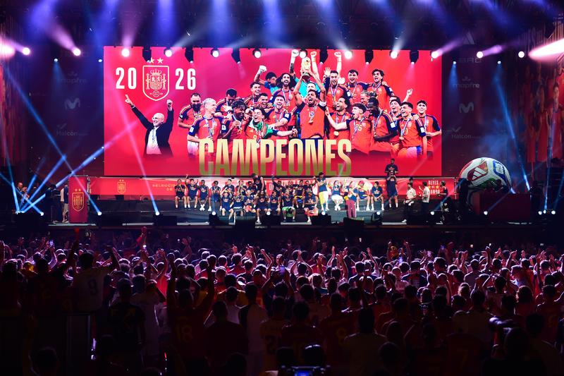 Para pemain Tim Nasional Spanyol mengikuti perayaan juara Piala Dunia FIFA 2026 di Madrid, Spanyol, pada 20 Juli 2026 setelah menaklukkan Argentina di partai final.