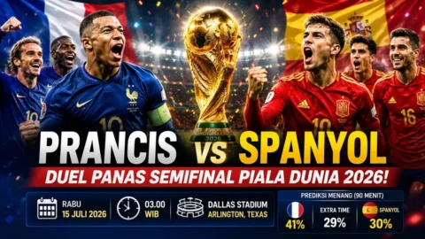 Ilustrasi pemain tim nasional Prancis dan Spanyol dengan latar trofi Piala Dunia menjelang pertandingan semifinal Piala Dunia 2026 di Dallas Stadium, Arlington, Texas.