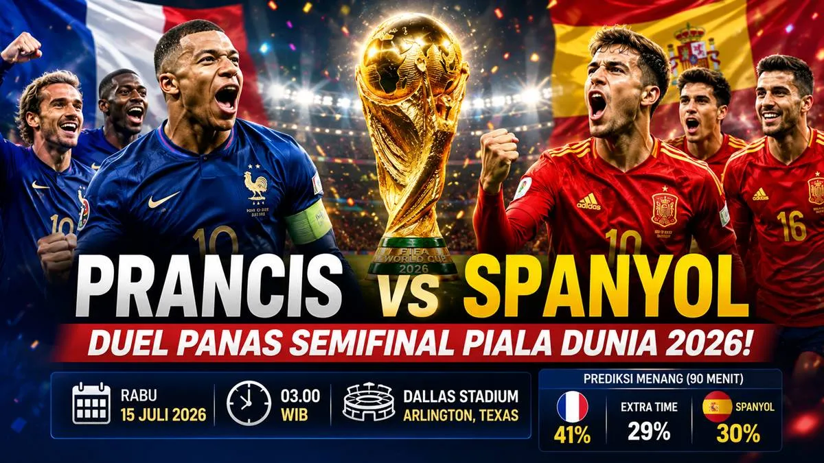 Ilustrasi pemain tim nasional Prancis dan Spanyol dengan latar trofi Piala Dunia menjelang pertandingan semifinal Piala Dunia 2026 di Dallas Stadium, Arlington, Texas.