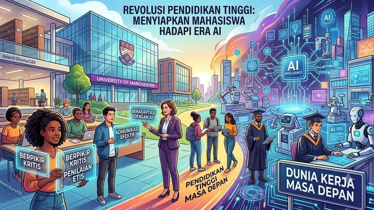 Ilustrasi adaptasi pendidikan tinggi dan mahasiswa dalam menghadapi tantangan era Artificial Intelligence (AI) di dunia kerja masa depan. | Sumber: Gemini AI