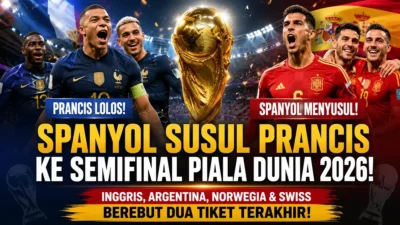 Ilustrasi pemain tim nasional Prancis dan Spanyol merayakan kelolosan ke semifinal Piala Dunia 2026 dengan latar trofi Piala Dunia dan stadion sepak bola.