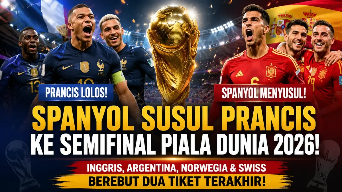 Ilustrasi pemain tim nasional Prancis dan Spanyol merayakan kelolosan ke semifinal Piala Dunia 2026 dengan latar trofi Piala Dunia dan stadion sepak bola.