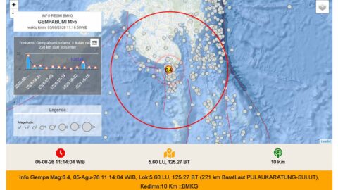 Peta lokasi episenter gempa bumi magnitudo 6,5 di Mindanao Filipina 5 Agustus 2026 dari BMKG InaTEWS, terlihat titik gempa dekat perbatasan Sulawesi Utara