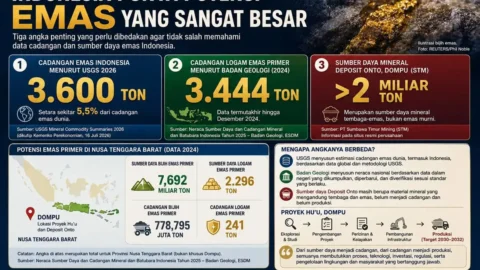 Infografis cadangan emas Indonesia 3.600 ton, 3.444 ton menurut Badan Geologi, dan sumber daya Deposit Onto Dompu lebih dari 2 miliar ton
