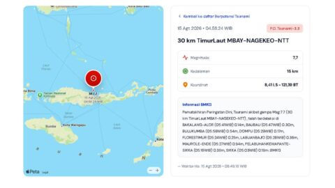 Peta lokasi gempa M7,7 30 km timur laut Mbay Nagekeo NTT yang berpotensi tsunami