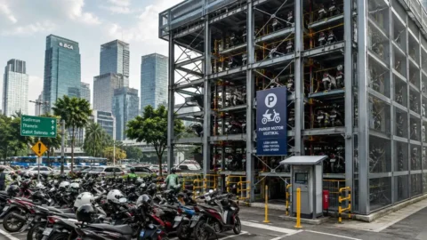 Ilustrasi parkir motor vertikal sebagai solusi teknologi untuk mengatasi keterbatasan lahan parkir di kota Indonesia