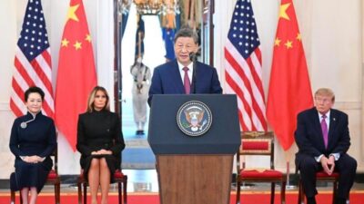 Presiden Tiongkok Xi Jinping berpidato dalam upacara penyambutan yang digelar oleh Presiden Amerika Serikat (AS) Donald Trump di Gedung Putih di Washington DC, AS, pada 24 September 2026. (Xinhua/Li Xiang)