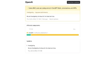 Tangkapan layar halaman status.openai.com yang menampilkan peringatan gangguan ChatGPT di Asia Pasifik, dengan Conversations dan ChatGPT Work bertanda peringatan kuning