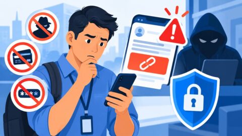 Ilustrasi pekerja memeriksa tautan BSU 2026 yang mencurigakan dan melindungi data pribadi dari penipuan online.