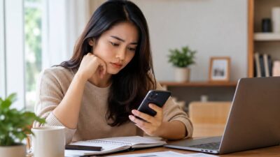 Perempuan memeriksa tagihan pinjol melalui ponsel sambil menghitung kemampuan pembayaran.